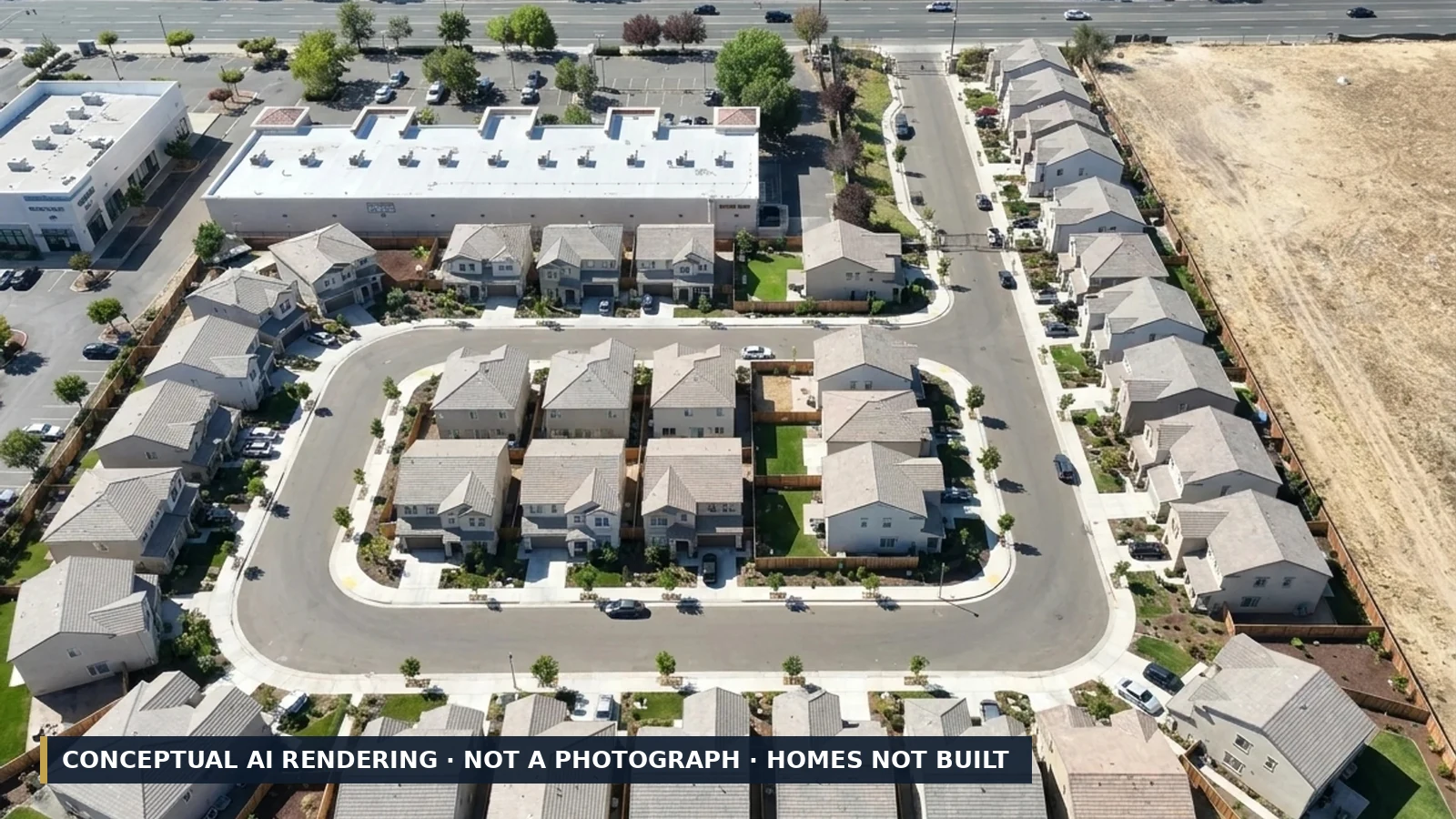 Conceptual AI rendering showing how the Elsie Gardens 30-lot community could look once built — the homes shown do not exist and the site is currently vacant land