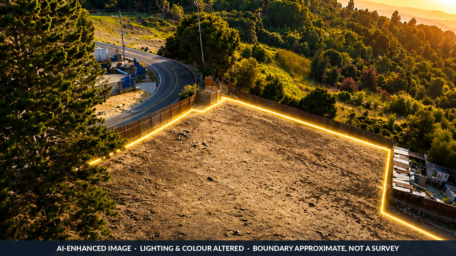 Hillcrest Road, El Sobrante — AI-enhanced marketing image of the 3.07 acre parcel with the approximate boundary highlighted; lighting altered and boundary is not a survey