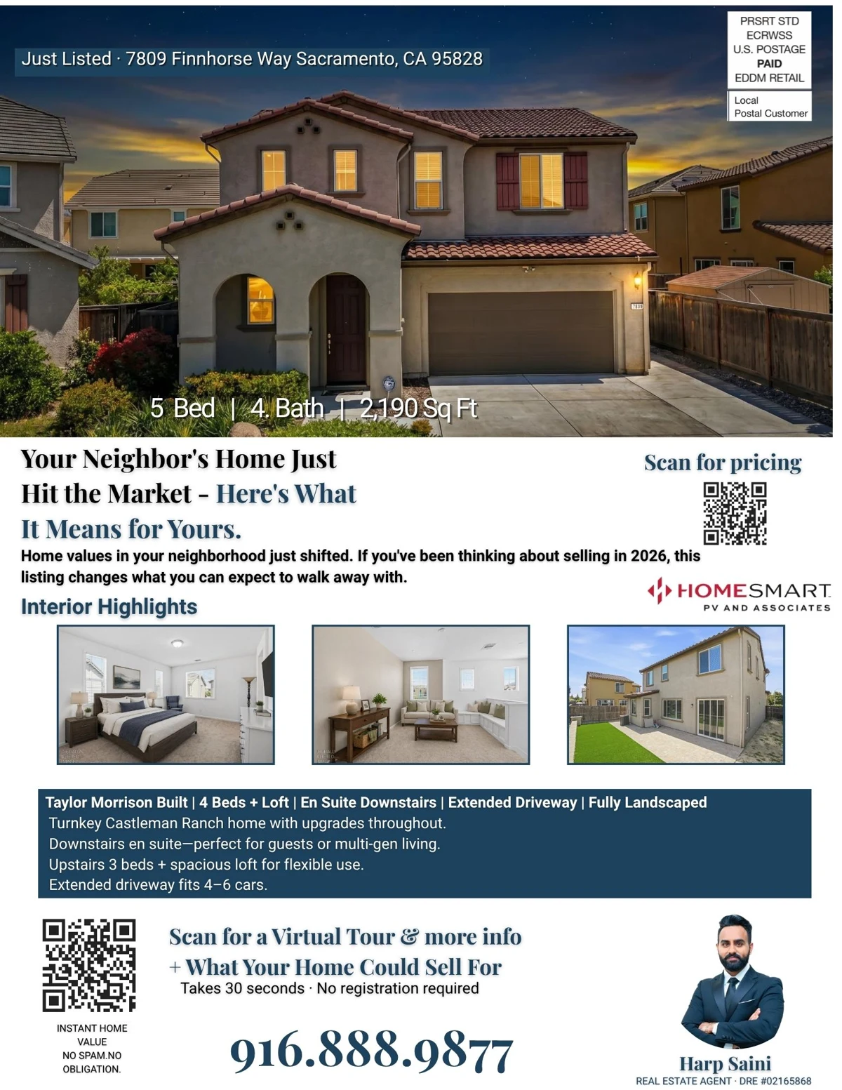 Printed EDDM neighborhood mailer for a Sacramento listing, showing the hero photo, interior highlights, feature list, and QR codes